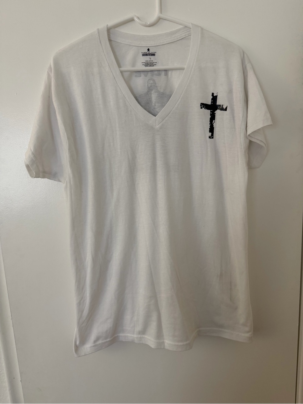 Stafford White V-Neck Tee with Black Cross Chest Graphic